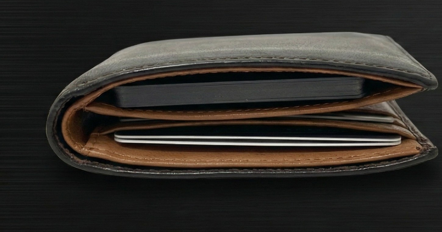 厚いカードで膨らんだ財布の断面写真